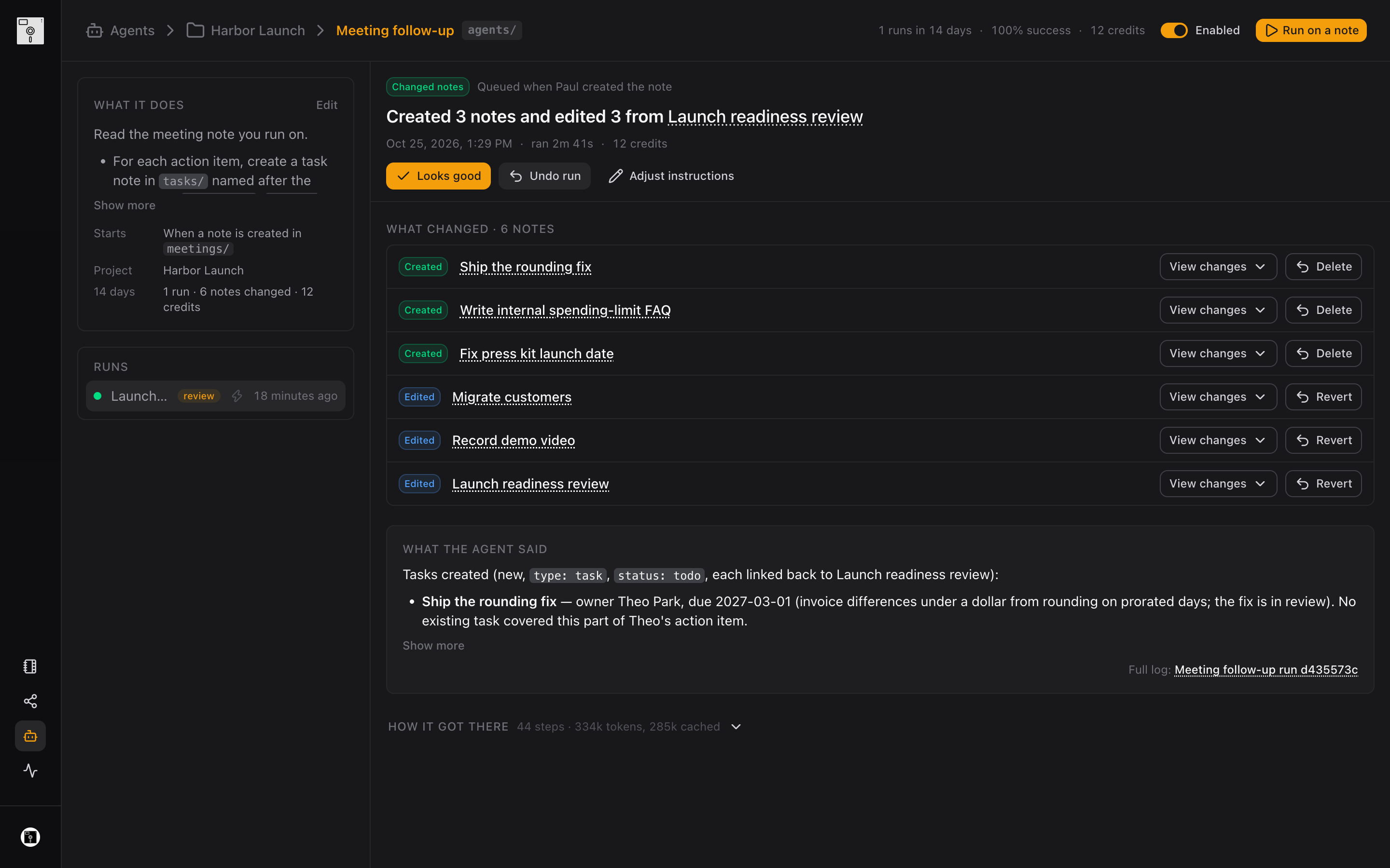 A finished Meeting follow-up run: three tasks created, two existing tasks linked, and the meeting note summarized, with the agent's own account of what it did