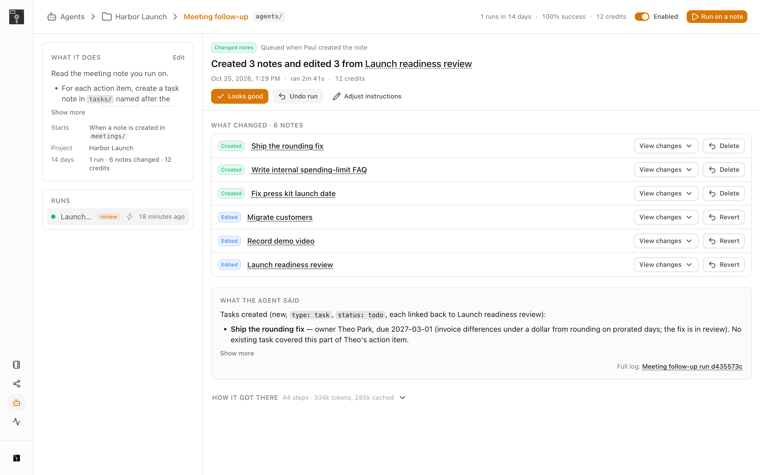 A finished Meeting follow-up run: three tasks created, two existing tasks linked, and the meeting note summarized, with the agent's own account of what it did