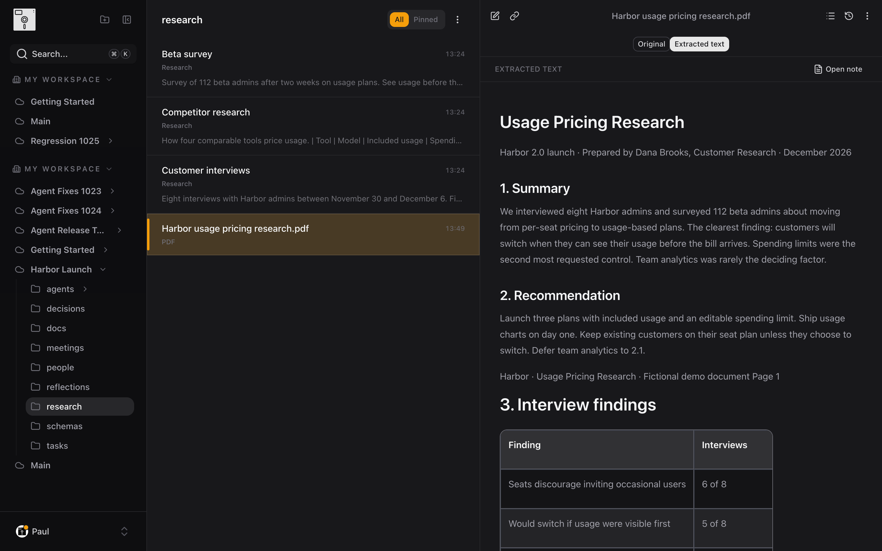 An uploaded PDF shown as extracted text, with headings and a findings table, and a toggle back to the original