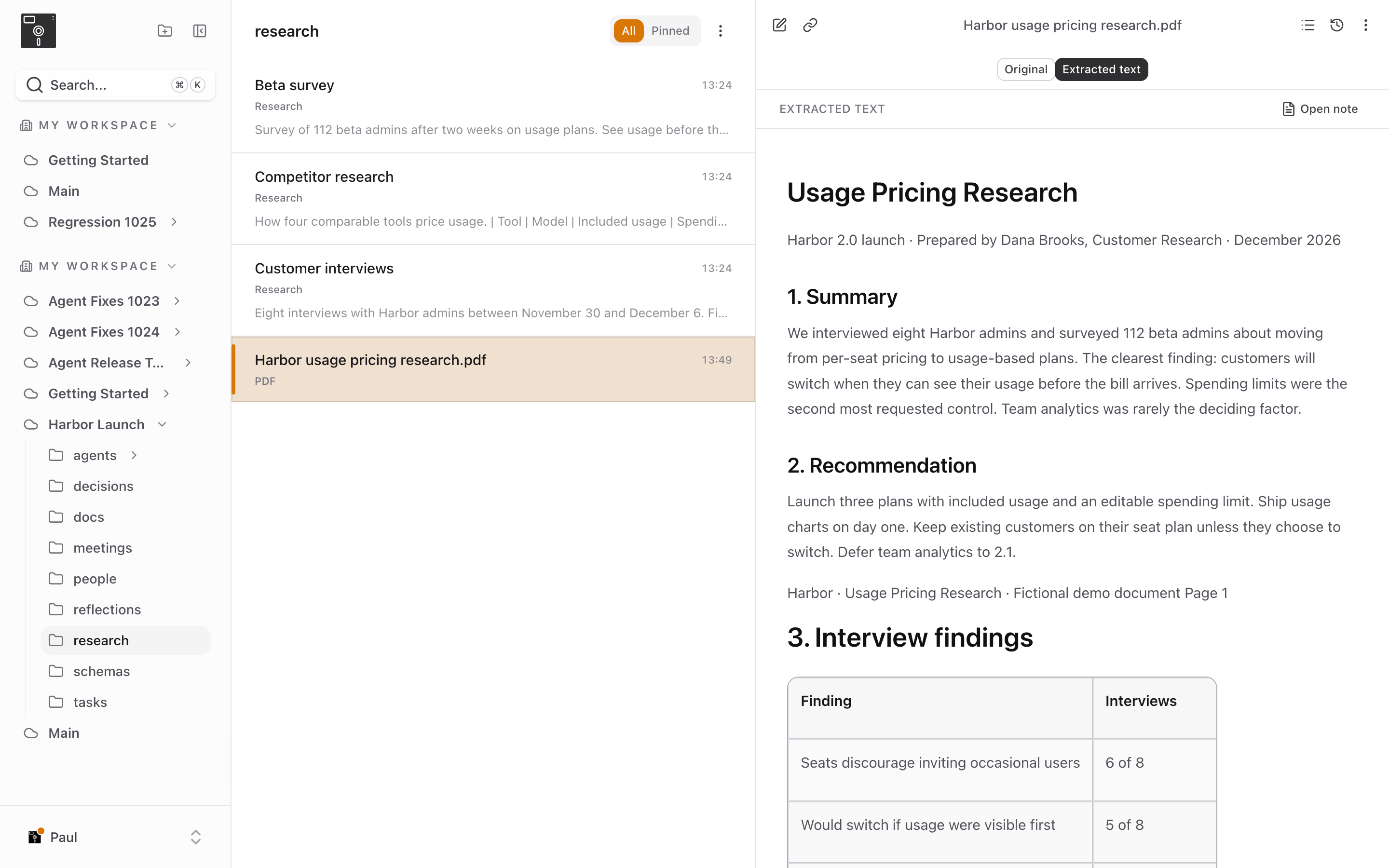 An uploaded PDF shown as extracted text, with headings and a findings table, and a toggle back to the original