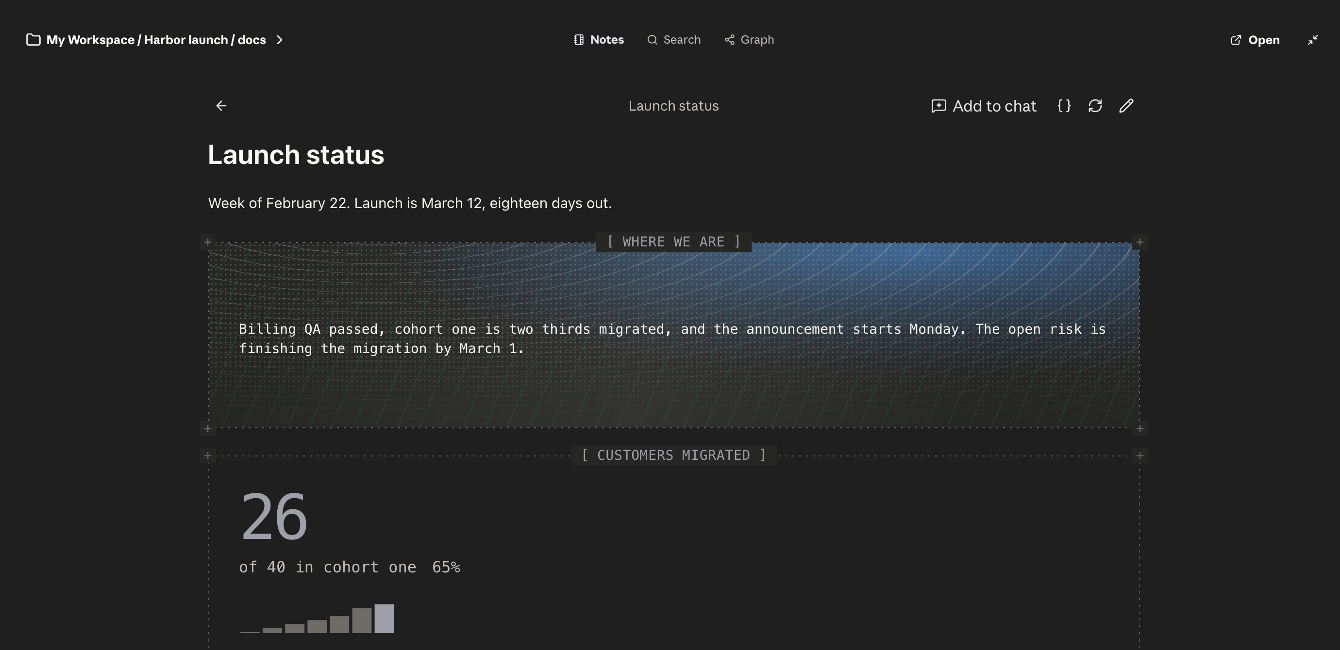 Pocketbook inside a Claude conversation, showing the Harbor launch status note