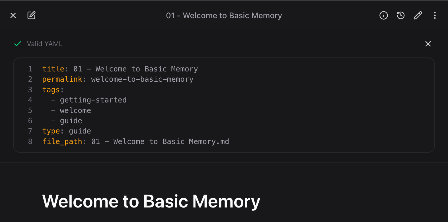 A Basic Memory note showing its plain Markdown YAML frontmatter with a valid-YAML check