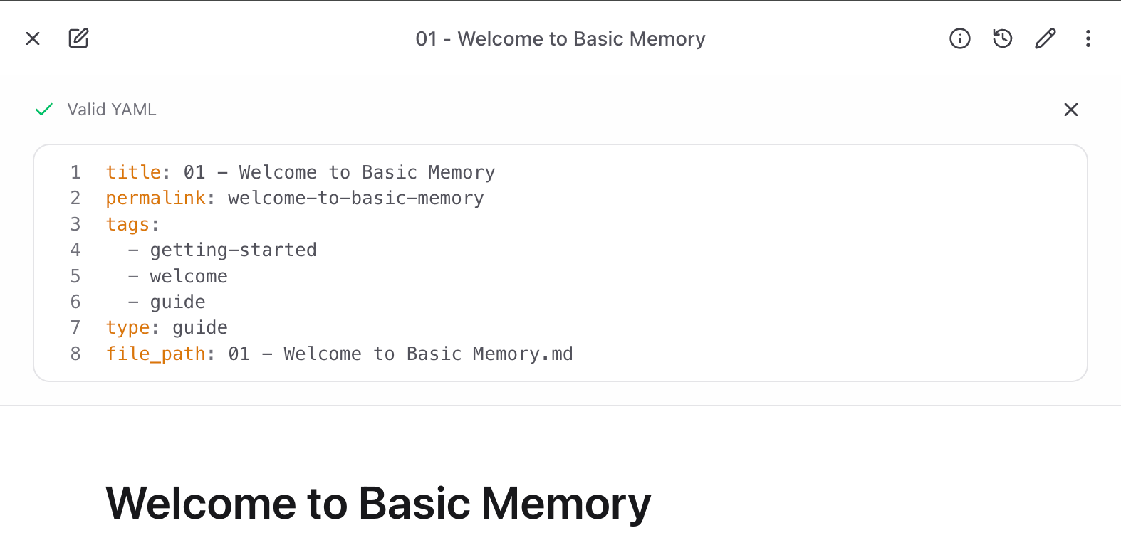 A Basic Memory note showing its plain Markdown YAML frontmatter with a valid-YAML check