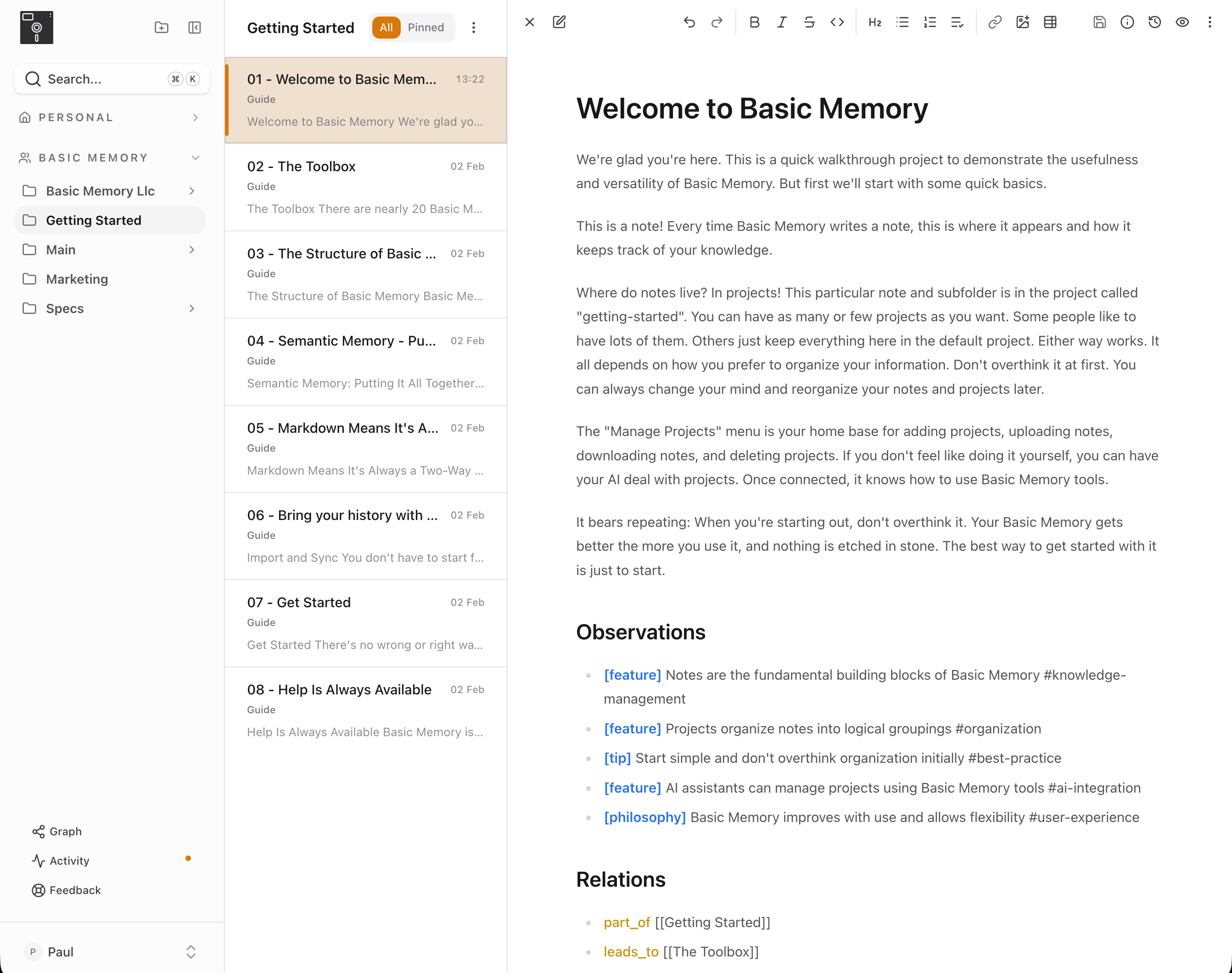 The Basic Memory app showing projects, a list of notes, and an editable knowledge note.