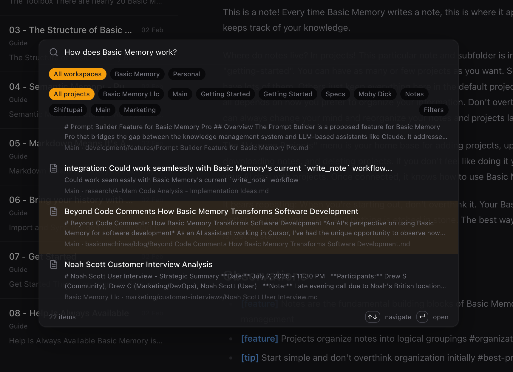 Basic Memory search querying across projects and workspaces