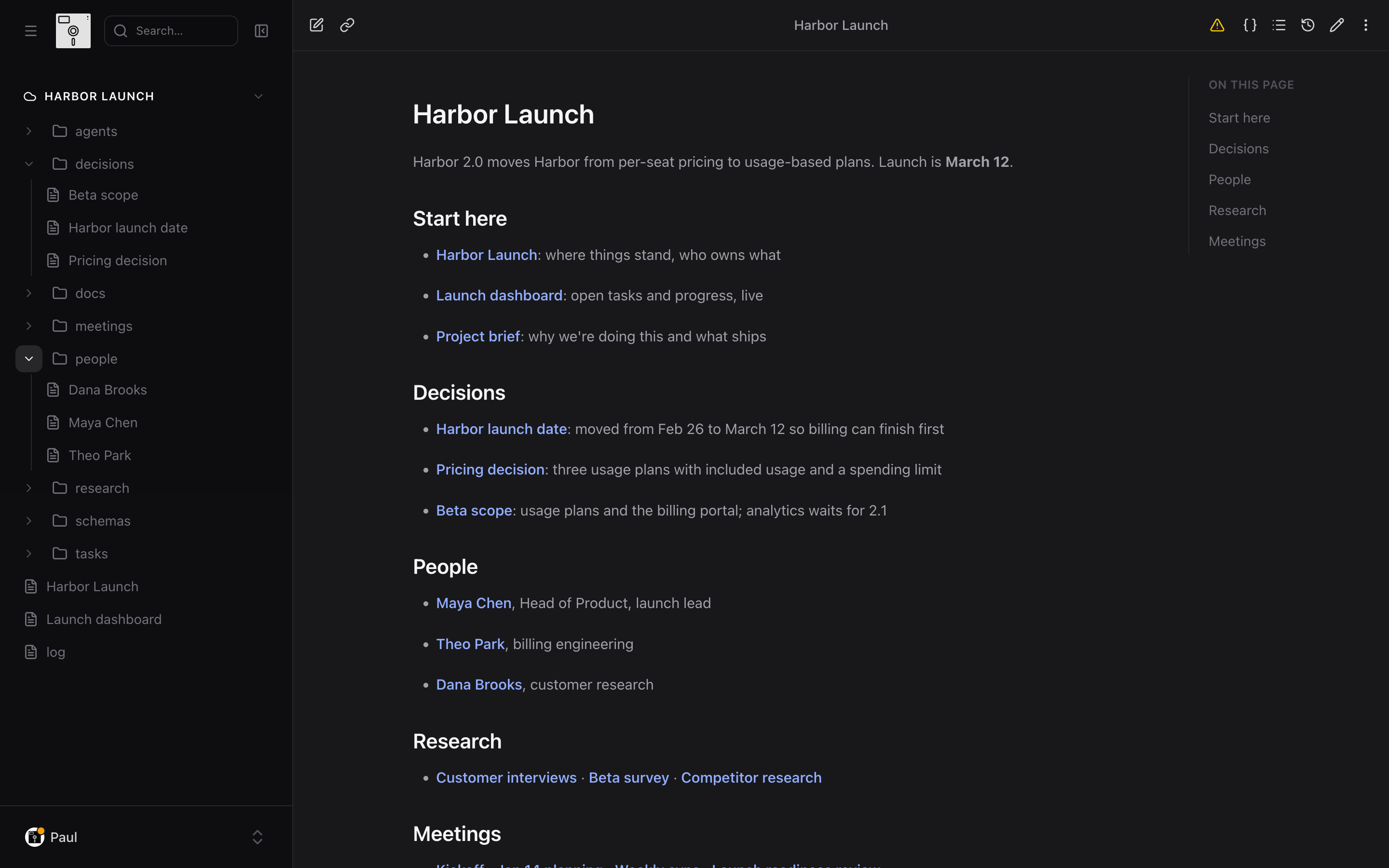 The Harbor launch project opened as a wiki: an overview page linking to its decisions, people, research, and meetings