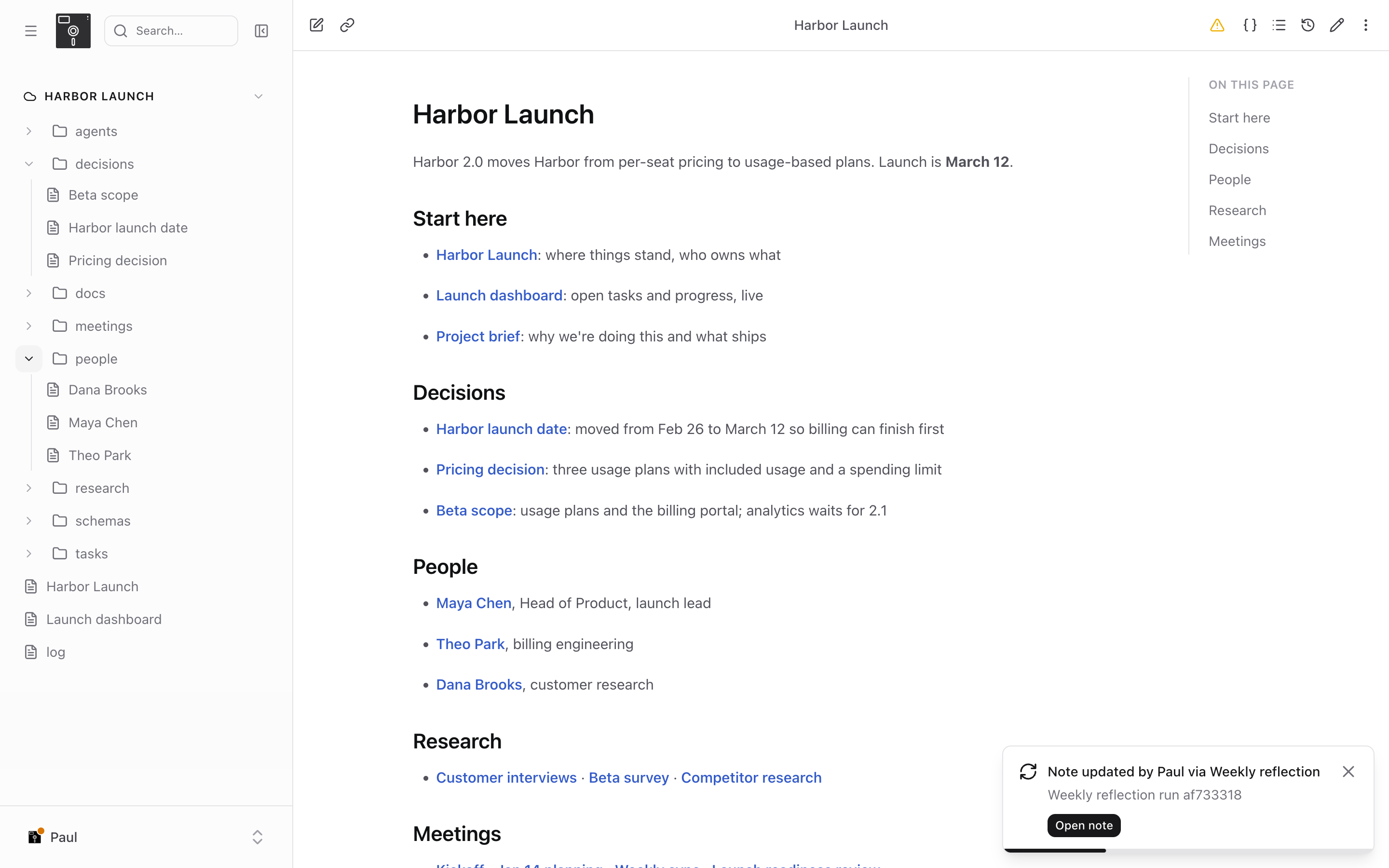 The Harbor launch project opened as a wiki: an overview page linking to its decisions, people, research, and meetings
