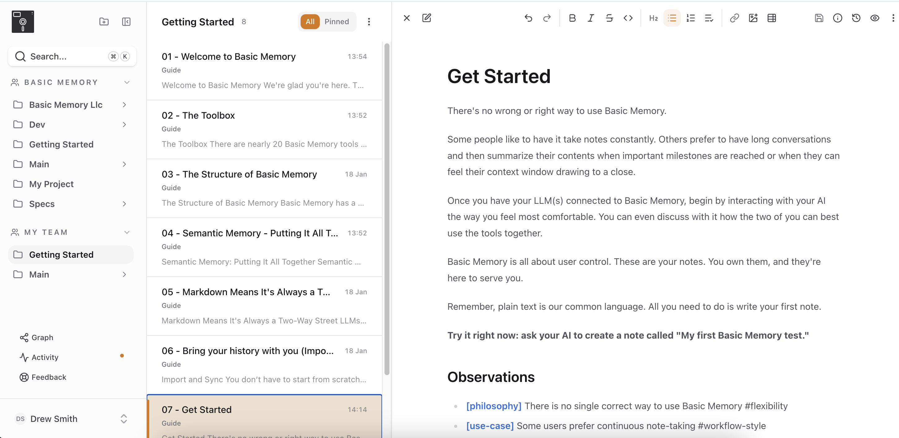 The Basic Memory V2 app showing personal and team knowledge bases side by side