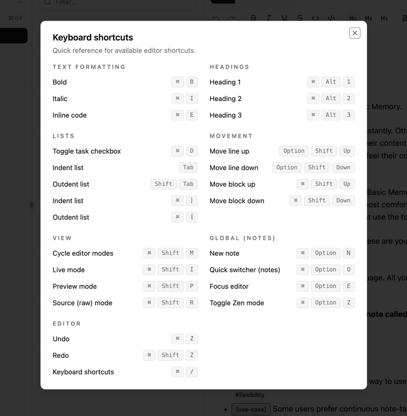 Keyboard shortcuts reference