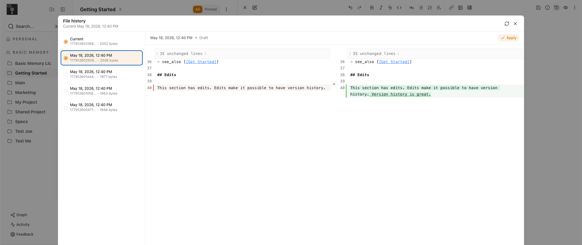 Per-file version history with a side-by-side diff